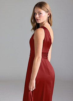 Azazie Dallas Brautjungfernkleider A-Linie One-Shoulder Stretch-Satin Kleid Granatapfelrot image7