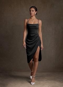 Azazie Katiya Wedding Dresses Black Sheath Cowl Neckline Pleated Stretch Satin Dress image4