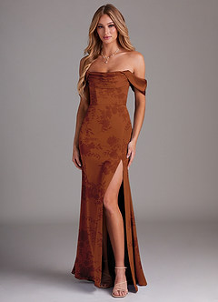 Azazie Saige Bridesmaid Dresses Burnt Orange Floral Sheath Off the Shoulder Stretch Satin Dress image1
