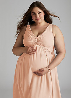 Azazie Yetta Maternity Bridesmaid Dresses A-Line V-Neck Gathered Chiffon Floor-Length Dress image8
