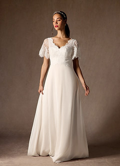 Azazie Veradis Robes de mariée Robe Trapèze en Mousseline de soie Col V dentelle Diamant Blanc Champagne image1