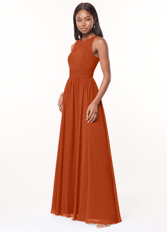 Azazie Harper Bridesmaid Dresses Burnt Orange A-Line Pleated Chiffon Dress image3