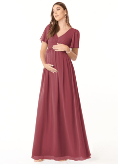 Azazie Verna vestidos de dama de honor de maternidad Vestido de Corte En A Cuello en V fruncido Hasta el suelo Gasa image3
