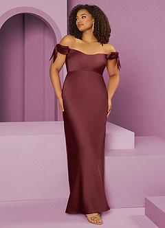Barbie ♥ Azazie Bridesmaid Dresses Merlot Sheath Off the Shoulder Stretch Satin Convertible Dress image1