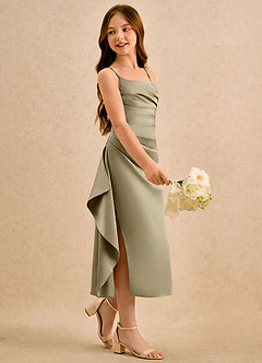 Azazie Canna Girls Formal Blomsterpigekjoler A-Line Plisseret Stræk satin Te-længde Kjole image1