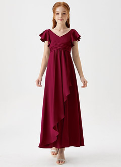 Azazie Omari Junior Burgundy A-Line Pleated Stretch Satin Dress image5