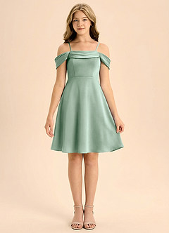 Azazie Anselie Junior Jurk van Stretch Satijn met A-Lijn Geplooid Agave image3