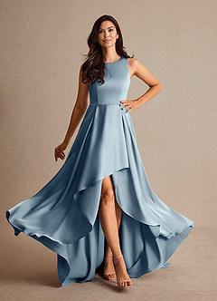 Azazie Niles vestidos de madre de la novia Vestido de Azul Polvoriento de Satén Elástico de Corte En A con Trenes image2