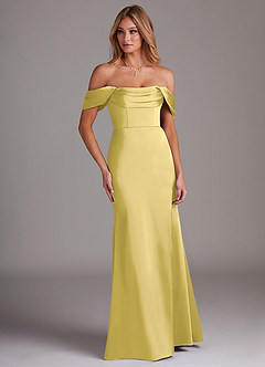 Azazie Saige Abiti da Damigella Abito Tubino in Raso Elasticizzato a Spalla Scoperta Canarino image4