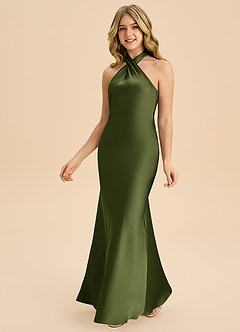 Azazie Chickie Junior Olive Sheath Pleated Stretch Satin Dress image5