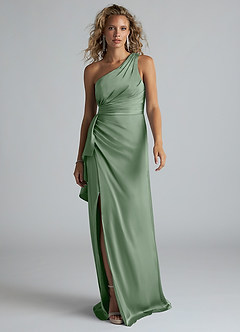 Azazie Maive Bridesmaid Dresses Matcha Sheath Ruched Stretch Satin Dress image1