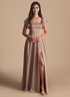 Azazie Bondi Bridesmaid Dresses Taupe A-Line Bow Metallic Satin Dress image2