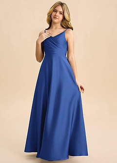 Azazie Bug Junior Robe Trapèze en Satin extensible Plissée Bleu Roi image3