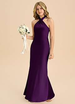 Azazie Chickie Junior Vestido de Uva de Satén Elástico de Corte Recto con Plisado image4