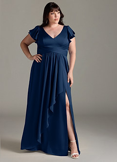 Azazie Omari Bridesmaid Dresses Dark Navy A-Line Stretch Satin Dress image9