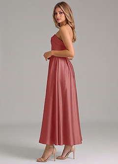 Azazie Lucienne 신부 들러리 드레스 A라인 주름진 스트레치 새틴 발목 길이 드레스 image3