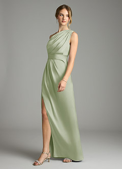 Azazie Emorie Bridesmaid Dresses Dusty Sage Sheath One Shoulder Stretch Satin Dress image3
