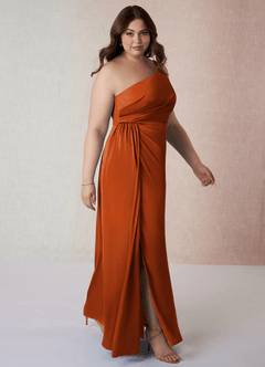 Azazie Mika Vestidos de damas de honor Vestido de Naranja Quemada de Satén Elástico de Corte Recto con Hombro unilateral image10
