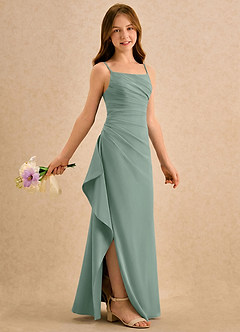 Azazie Cannoli Girls Formal Robe Demoiselle D'honneur Fillette Robe Trapèze en Mousseline de soie Plissé Sauge D'argent image1