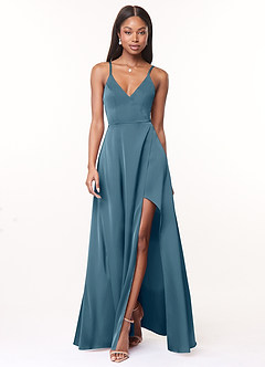 Azazie Maksim Bridesmaid Dresses Bermuda A-Line V-Neck Stretch Satin Dress image1