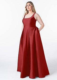 Azazie Neve Bridesmaid Dresses Pomegranate Ball-Gown with Pockets Stretch Satin Dress image7