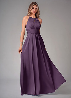 Azazie Bonnie Bridesmaid Dresses Plum A-Line Pleated Stretch Satin Dress image1