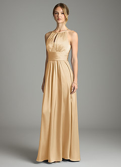 Azazie Bonnie Bridesmaid Dresses Gold A-Line Pleated Stretch Satin Dress image1