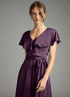 Azazie Lainey Bridesmaid Dresses Plum A-Line with Pockets Stretch Satin Dress image6