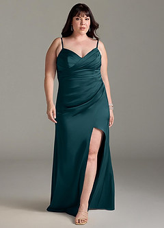 Azazie Yola Bridesmaid Dresses Pine Sheath V-Neck Pleated Stretch Satin Convertible Dress image9