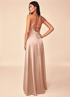 Azazie Mei Robes de demoiselle d'honneur Robe Trapèze en Satin extensible Col en V Or Rose image2