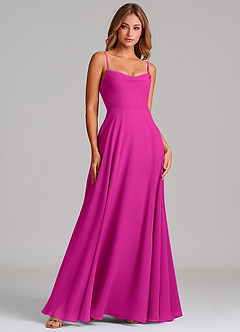 Azazie Elle Robes de demoiselle d'honneur Robe Trapèze en Mousseline de soie Plissée Fuchsia image3