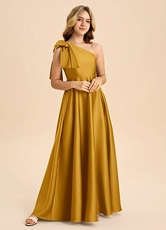 Azazie Penguin Junior Abito A-Line in Raso Elasticizzato Fiocco Caramello image4