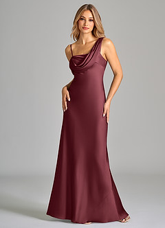 Azazie Celina Bridesmaid Dresses Merlot Sheath Off the Shoulder Stretch Satin Dress image3