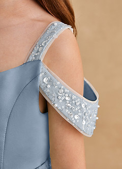 Azazie Judi Jurken voor bloemenmeisjes A-Lijn Jurk van Mat Satijn Stoffig Blauw image5