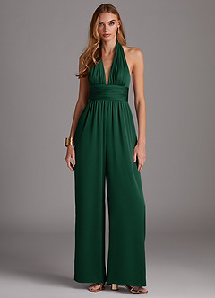 Azazie Oli Bridesmaid Dresses Dark Green Pleated Stretch Satin Jumpsuit image3