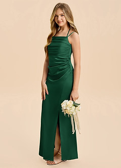 Azazie Nova Junior Dark Green A-Line Pleated Stretch Satin Dress image4