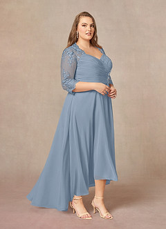 Azazie Devereaux Mother of the Bride Dresses Dusty Blue A-Line Lace Chiffon Dress image8