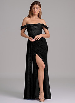 Azazie Amyra 신부 들러리 드레스 인어 오프 더 숄더 플로럴 번아웃 바닥 길이 드레스 image1