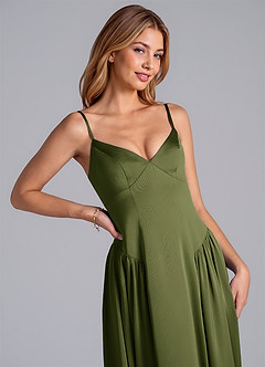 Azazie Kirby Venta Final Vestido de Oliva de Satén Elástico de Corte en A image2