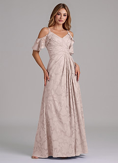 Azazie Dakota Bridesmaid Dresses Blushing Pink A-Line Off the Shoulder Floral Burnout Dress image4