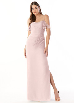 Azazie Emeralda Bridesmaid Dresses Blushing Pink Sheath Off the Shoulder Chiffon Dress image3