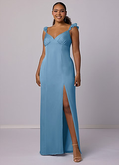 Barbie ♥ Azazie Final Sale Steel Blue Sheath Stretch Satin Dress image4