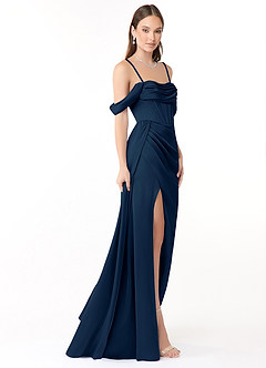 Azazie Amyra Vestidos de damas de honor Vestido de Azul Marino Oscuro de Satén Elástico de Corte Recto Convertible con Vestidos sin tirantes image7