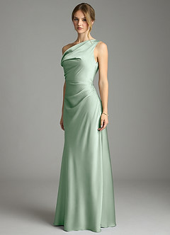 Azazie Emerson Bridesmaid Dresses Agave Mermaid Off the Shoulder Stretch Satin Dress image2