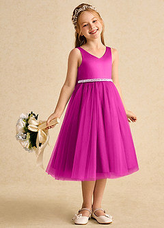 Azazie Firefly Abiti da Ragazza di Fiori Abito A-Line in Raso Opaco Fiocco Fucsia image7