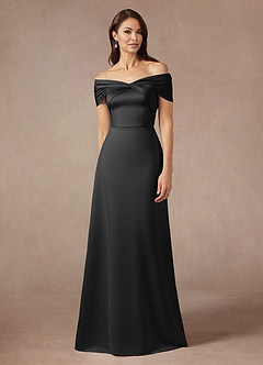 Azazie Amelia Mother of the Bride Dresses Black A-Line Off the Shoulder Stretch Satin Dress image1