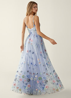 Irisqun Blue 3D Flowers Sequin Embroidery Beading Tulle Prom Dress image2