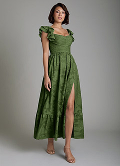 Azazie Anaya Bridesmaid Dresses Olive A-Line Ruched Floral Burnout Dress image4