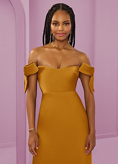Barbie ♥ Azazie Bridesmaid Dresses Butterscotch Sheath Off the Shoulder Stretch Satin Convertible Dress image5
