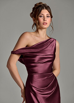 Azazie Emerson Bridesmaid Dresses Cabernet Mermaid Off the Shoulder Metallic Satin Dress image7
